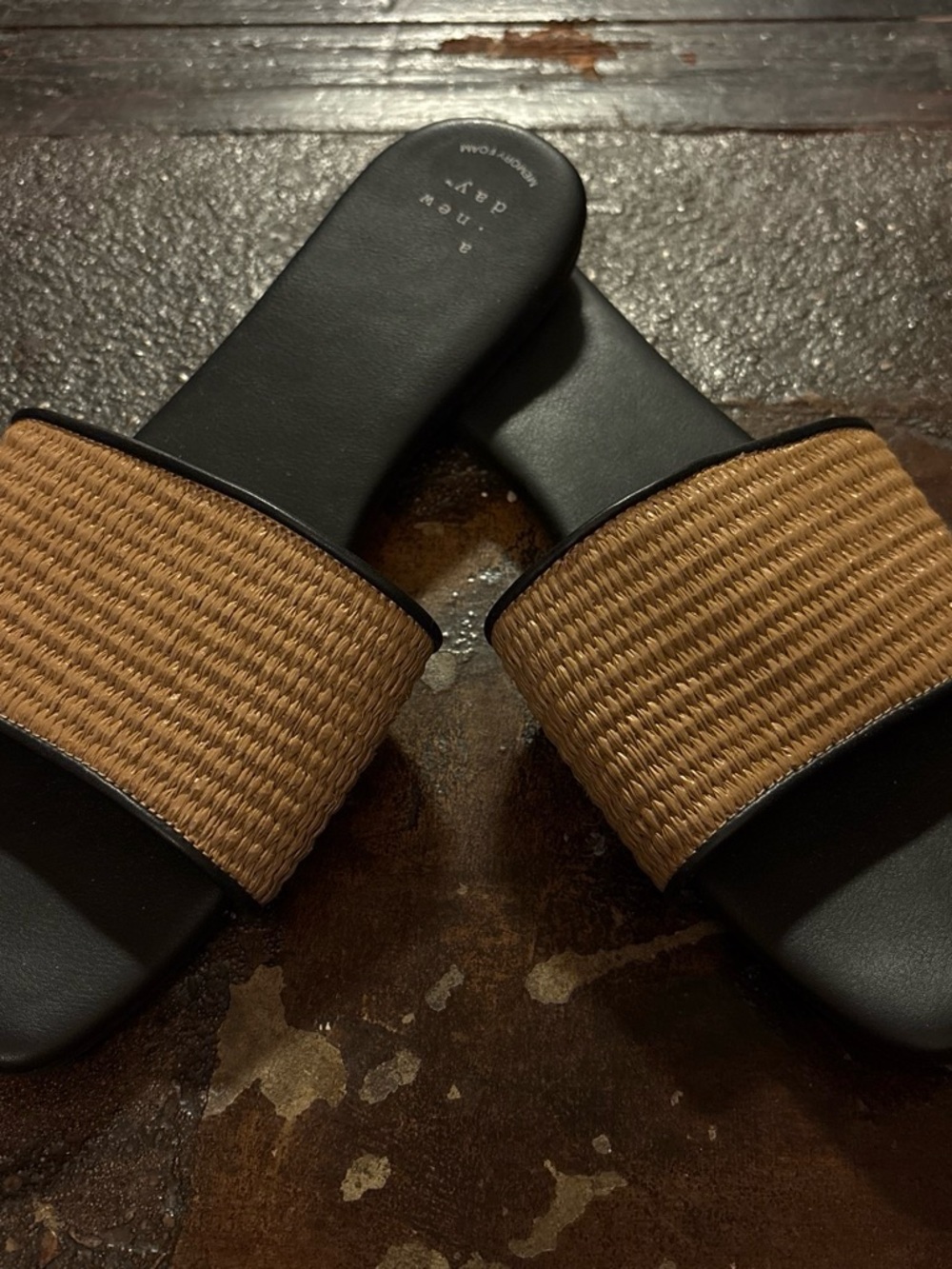 Men's Black Slide Sandals with Tan Woven Strap